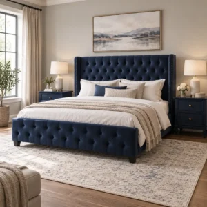 Navy Blue Tufted Bed Set