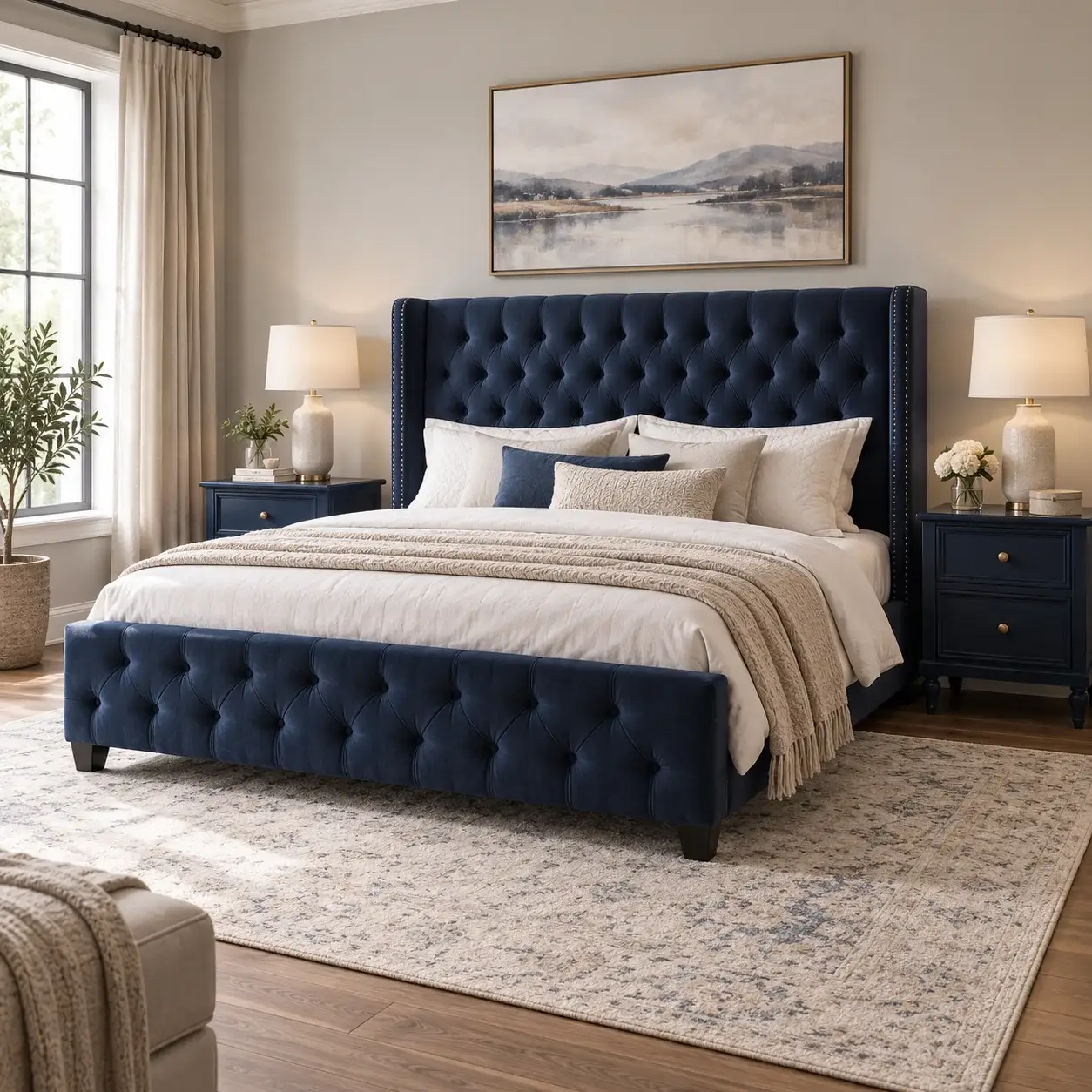 Navy Blue Tufted Bed Set