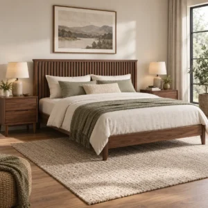 Walnut Tone Slatted Headboard Bed Set