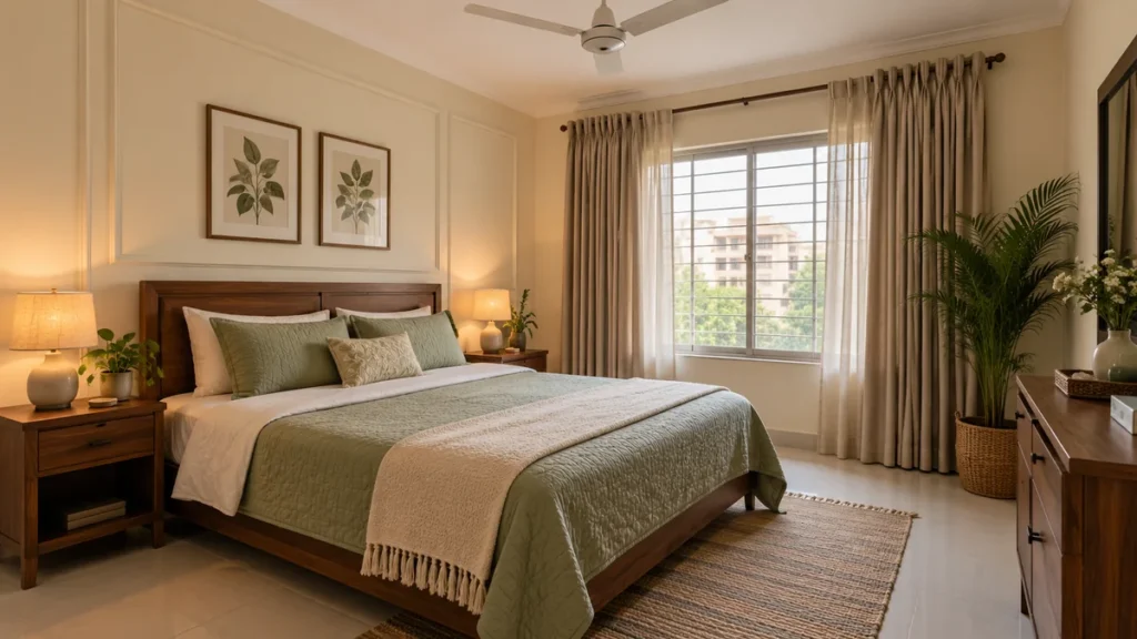 Bedroom with a wooden bed, sage bedding, wall mouldings and framed botanical artwork. Media title: Budget Bedroom Decor for Pakistani Homes
