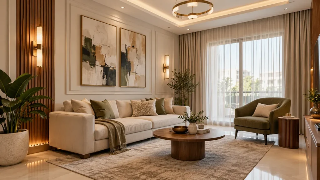 Living room with decorative wall mouldings, framed artwork, wooden panels and warm ceiling lighting.