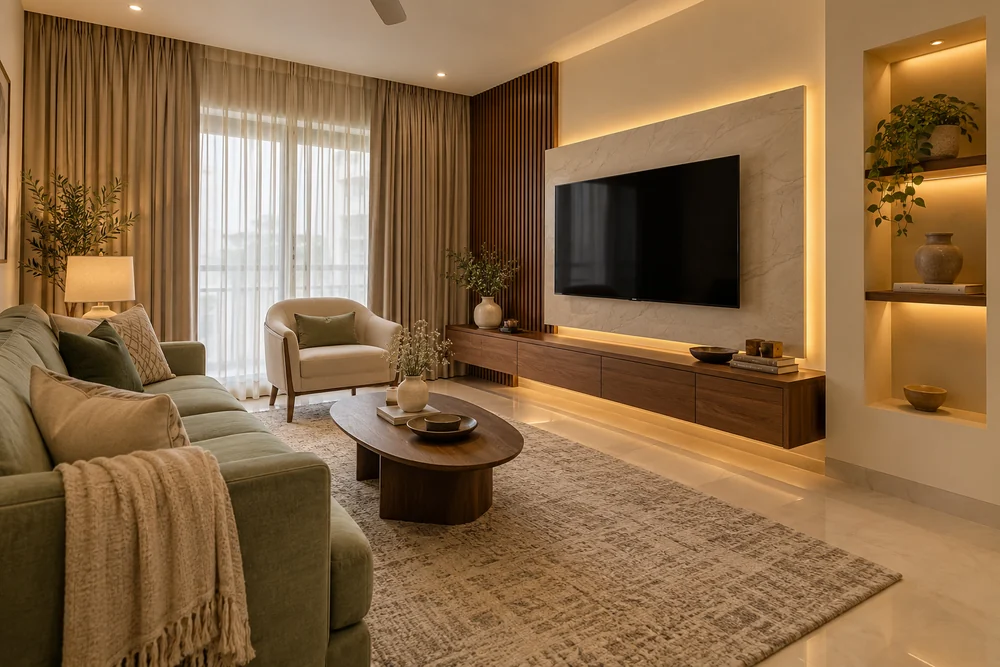 Living room TV feature wall with wooden slats, floating console and illuminated display shelves.