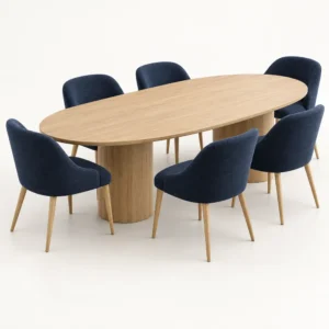 Oval light oak-tone dining table with twin pedestal bases and six navy-blue upholstered chairs.