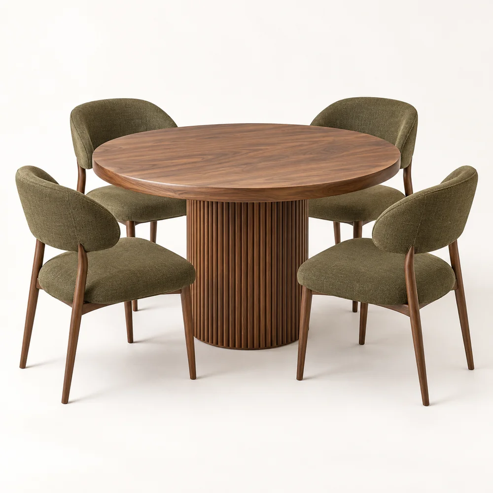 Round walnut-tone pedestal dining table with four olive-green upholstered chairs.