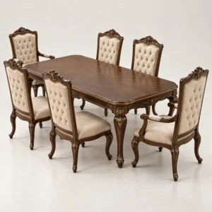 Classic walnut-tone carved dining table with six ivory tufted chairs, including two armchairs.
