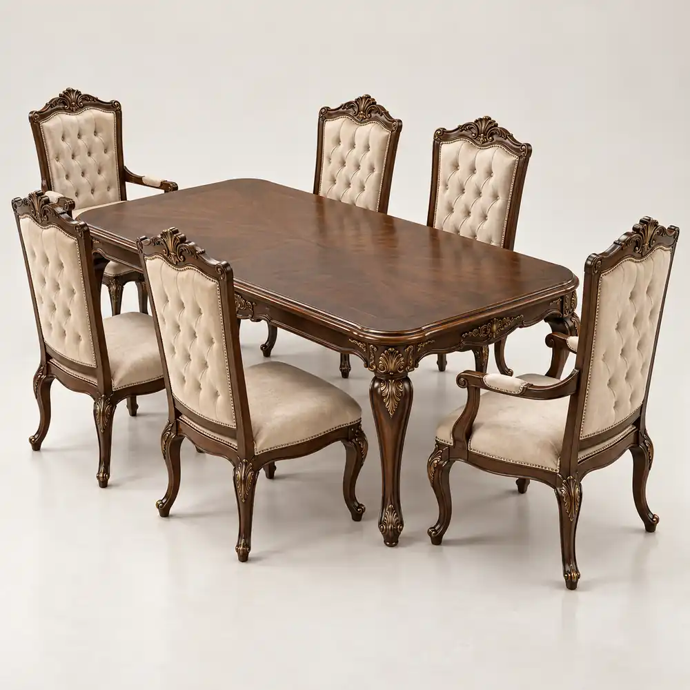 Classic walnut-tone carved dining table with six ivory tufted chairs, including two armchairs.
