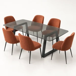 Rectangular smoked-glass dining table with black bases and six terracotta upholstered chairs.
