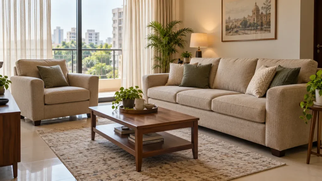 Beige sofa and matching armchair around a wooden coffee table in a sunlit living room.