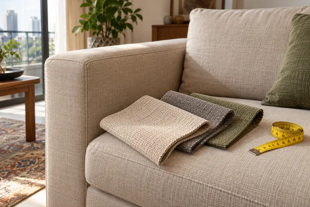Beige, grey and olive upholstery samples beside a measuring tape on a sofa.