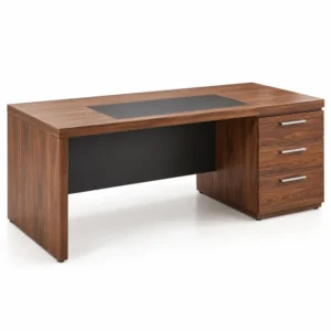 Walnut-tone executive office desk with three drawers, a black privacy panel and writing pad.