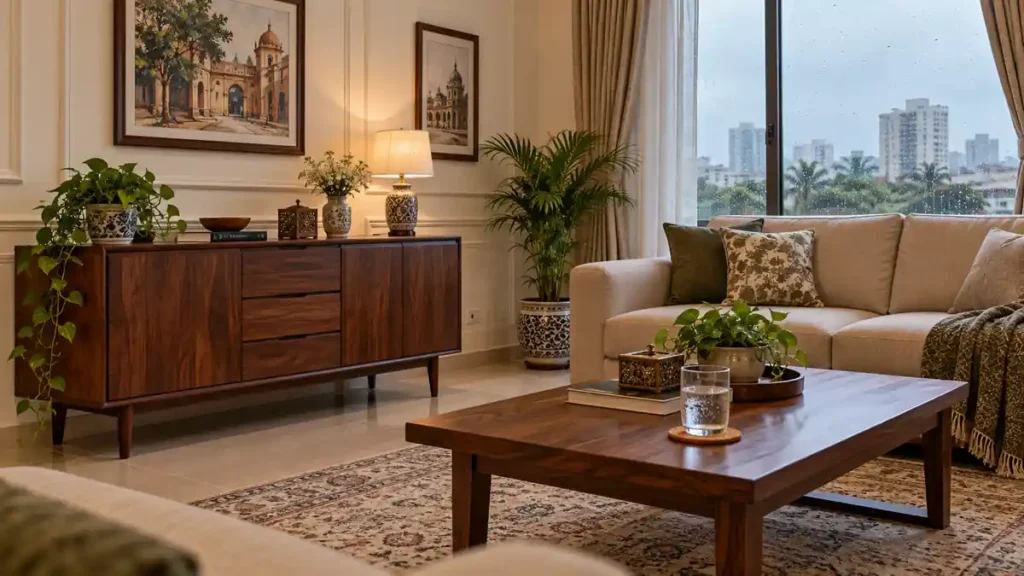 Wooden sideboard and coffee table in a living room beside a closed rainy window. Media title: Wooden Furniture Care in Karachi