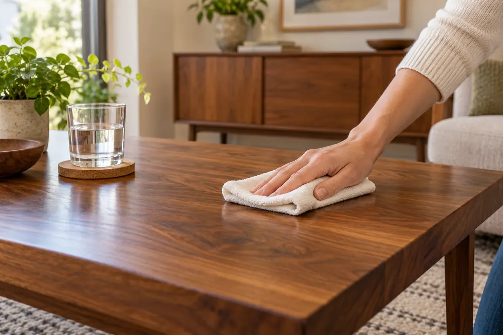 A hand wiping a wooden table with a soft cloth beside a glass on a coaster.
Media title: Cleaning and Drying a Wooden Table