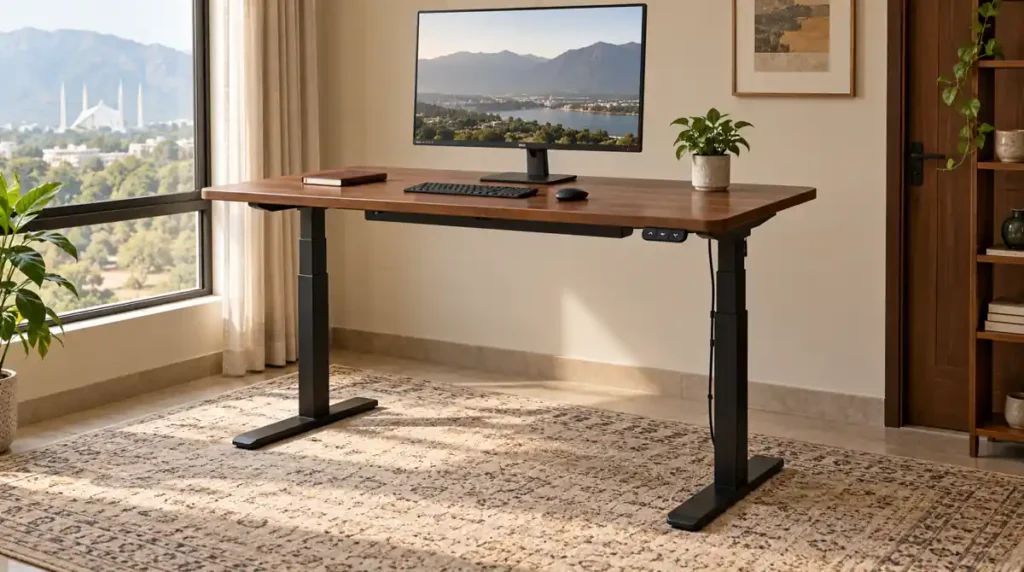 Adjustable standing desk with a walnut desktop and black lifting frame in a home office