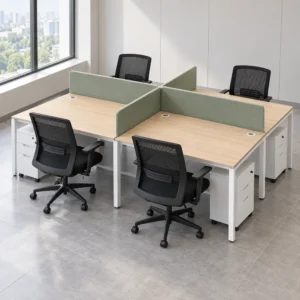 Four-person office workstation with oak-tone desks, sage-green dividers, black mesh chairs and white drawer units.