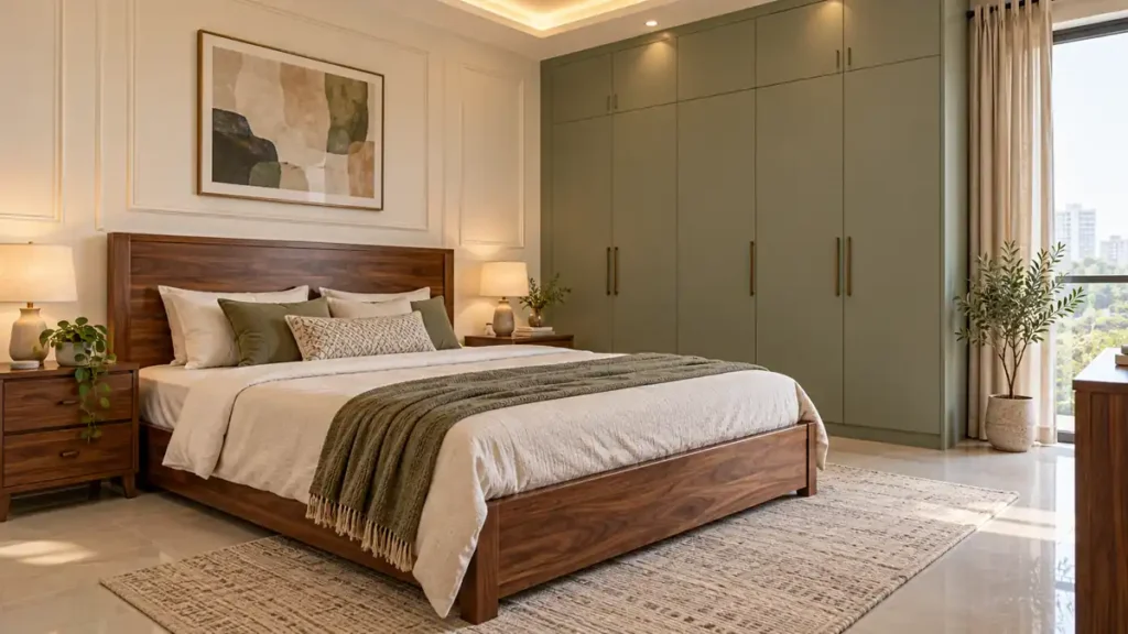 Bedroom with a wood-grain bed and a sage painted wardrobe beside a cream feature wall.