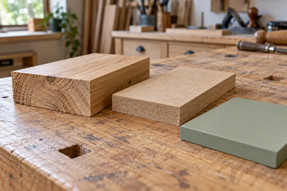 Timber, an unfinished fibreboard panel and a painted panel sample on a workshop bench.