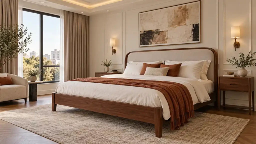 Walnut queen bed with an upholstered headboard, botanical wall art and full-length curtains in a bright bedroom.