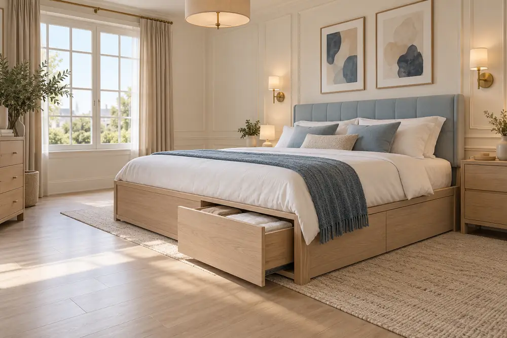 Oak storage bed with an open drawer, blue upholstered headboard, framed wall art and full-length curtains.