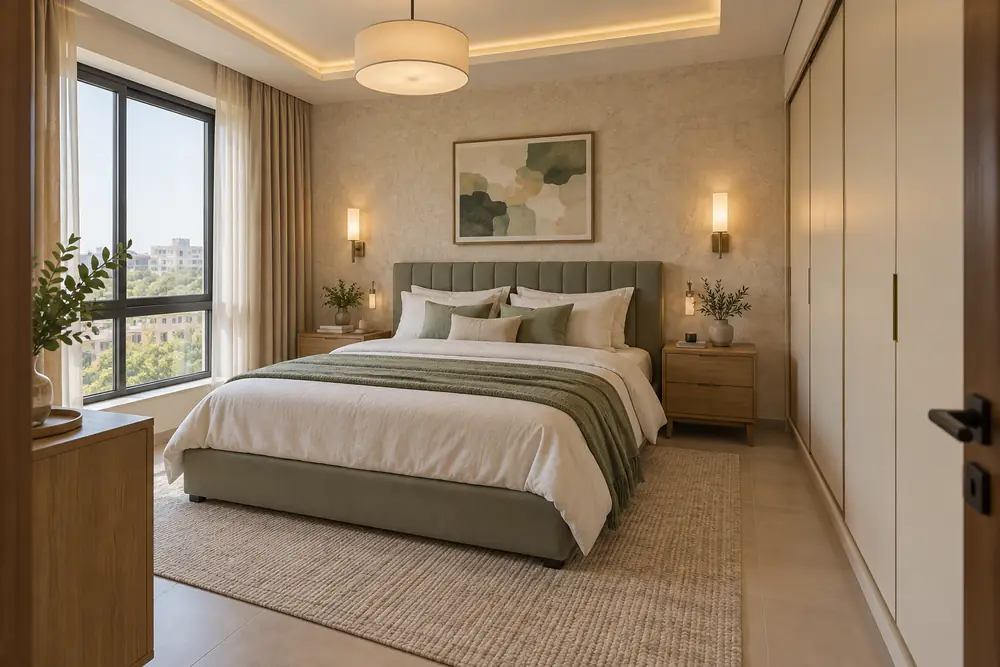 Sage upholstered queen bed beside a sliding wardrobe, with wall art, curtains and a clear floor passage.