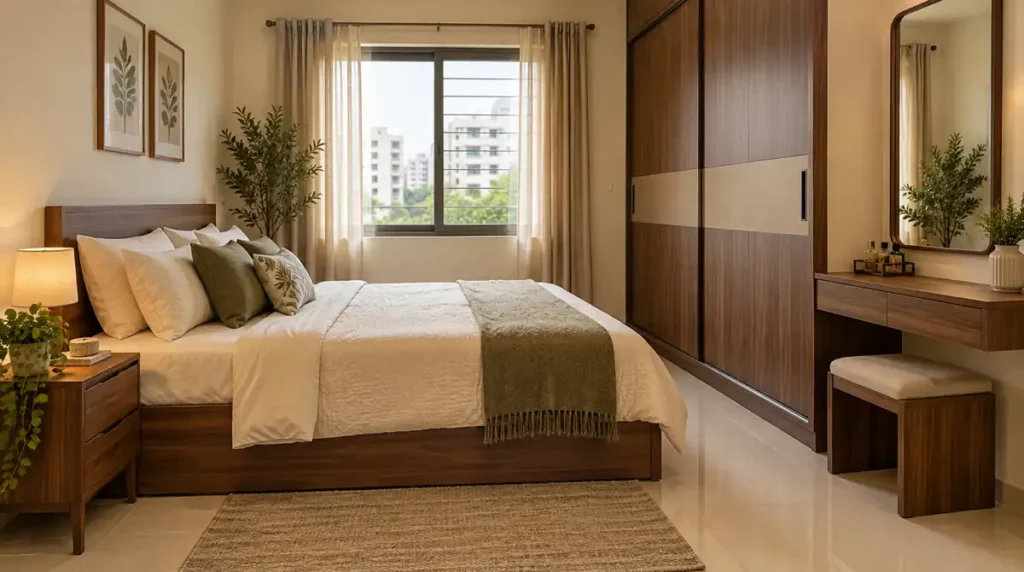 Compact bedroom with a wooden bed, sliding wardrobe and small dressing table