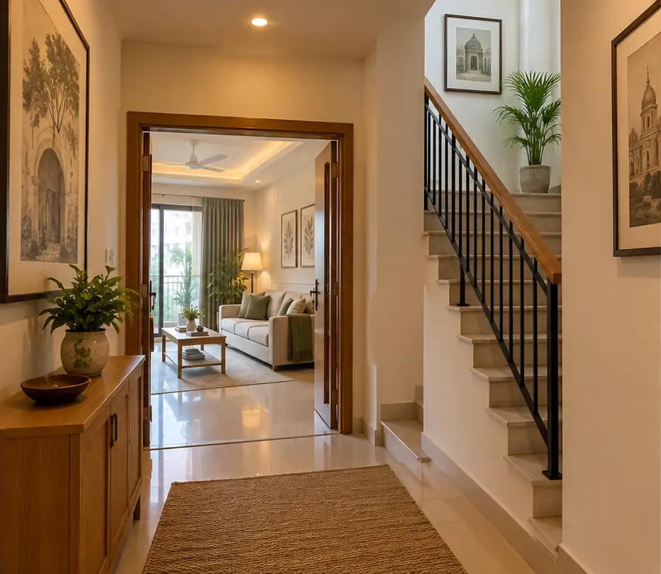 Apartment entrance with a doorway to the living room and a staircase beside the delivery route.