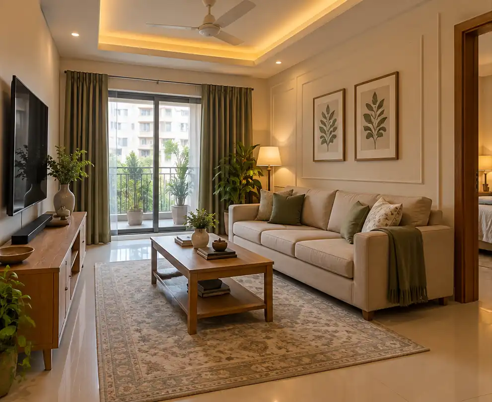 Living room with a beige sofa, cream wall mouldings, framed artwork and olive curtains.