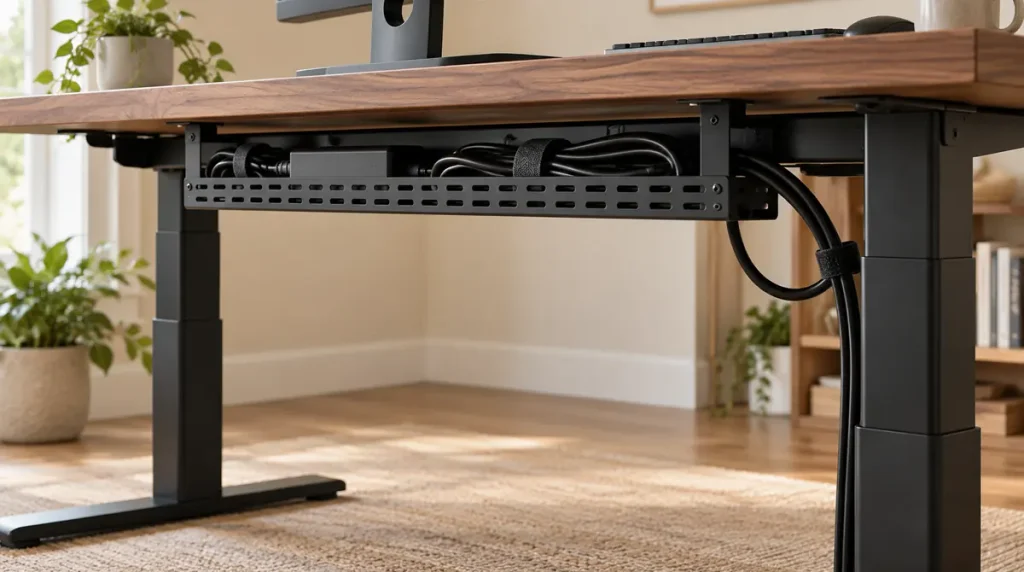 Cable tray and slack cable loop beneath a height-adjustable standing desk