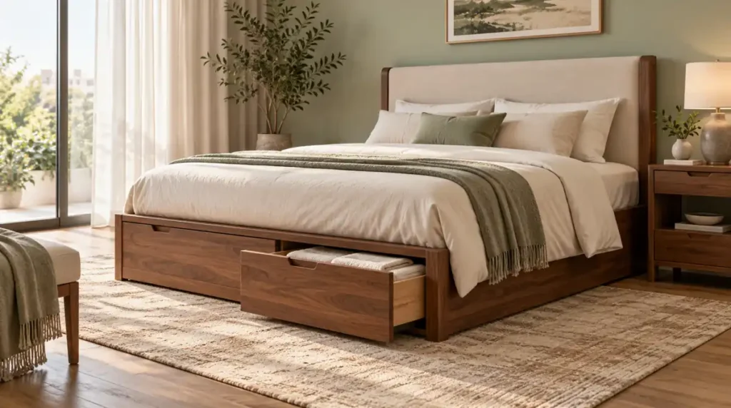 Walnut storage bed with an open drawer holding folded bedding.