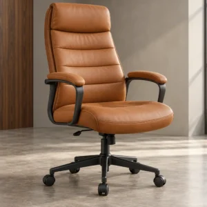 A tan executive office chair with a tall padded back, cushioned armrests and a black wheeled base. Horizontal stitching gives it a clean, professional look.