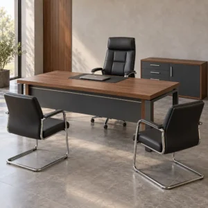 Walnut and charcoal executive desk with a black office chair, two visitor chairs and matching storage cabinet.