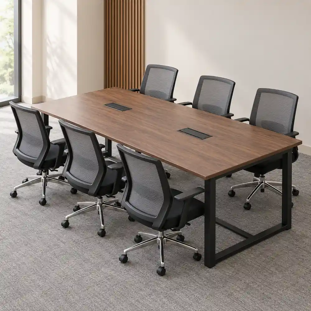 Walnut-tone conference table with black frame, cable-access covers and six grey mesh office chairs.