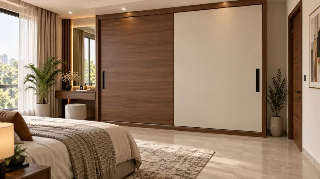 Walnut and cream sliding wardrobe in a modern bedroom