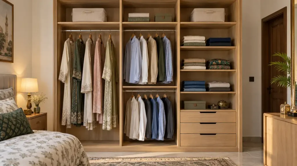 Open wardrobe interior with long hanging space, double hanging rails, shelves and drawers